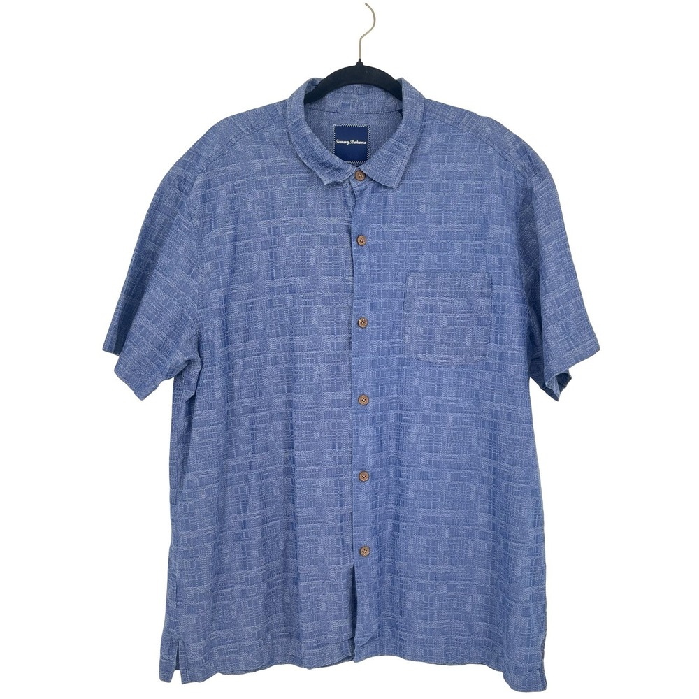 Tommy Bahama Men XXL Silk Cotton Shirt Blue Jacquard Textured Resort Hawaiian